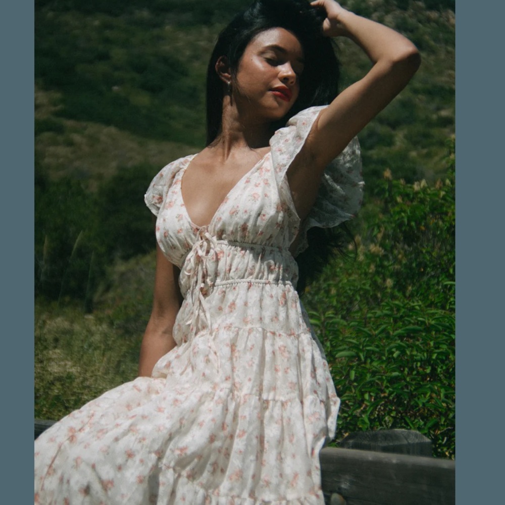 Cream & Pink Floral Plunging Flutter Sleeve Tiered Maxi Dress